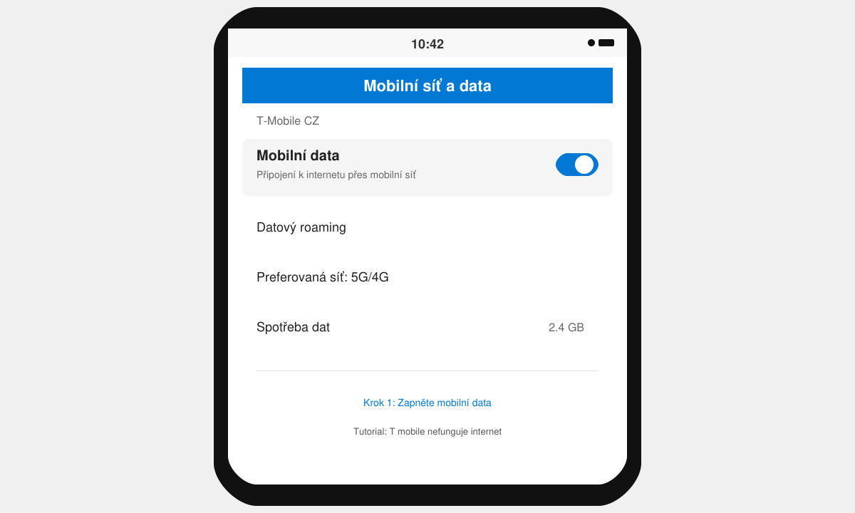 Snímek obrazovky s nastavením mobilních dat v telefonu se zapnutým přepínačem