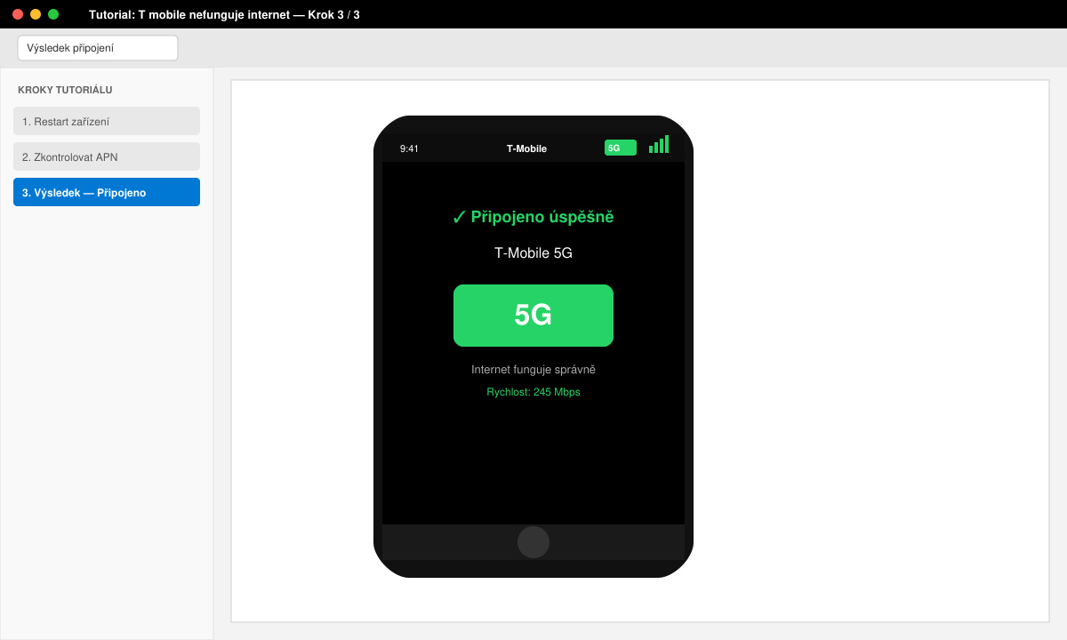 Snímek výsledku po úspěšném připojení k internetu T-Mobile s ikonou 5G