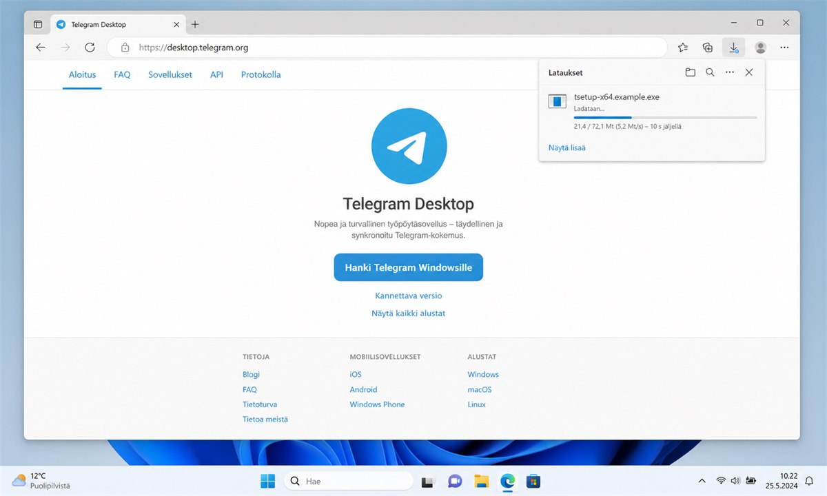 Telegram-asennustiedoston lataus käynnissä selaimessa