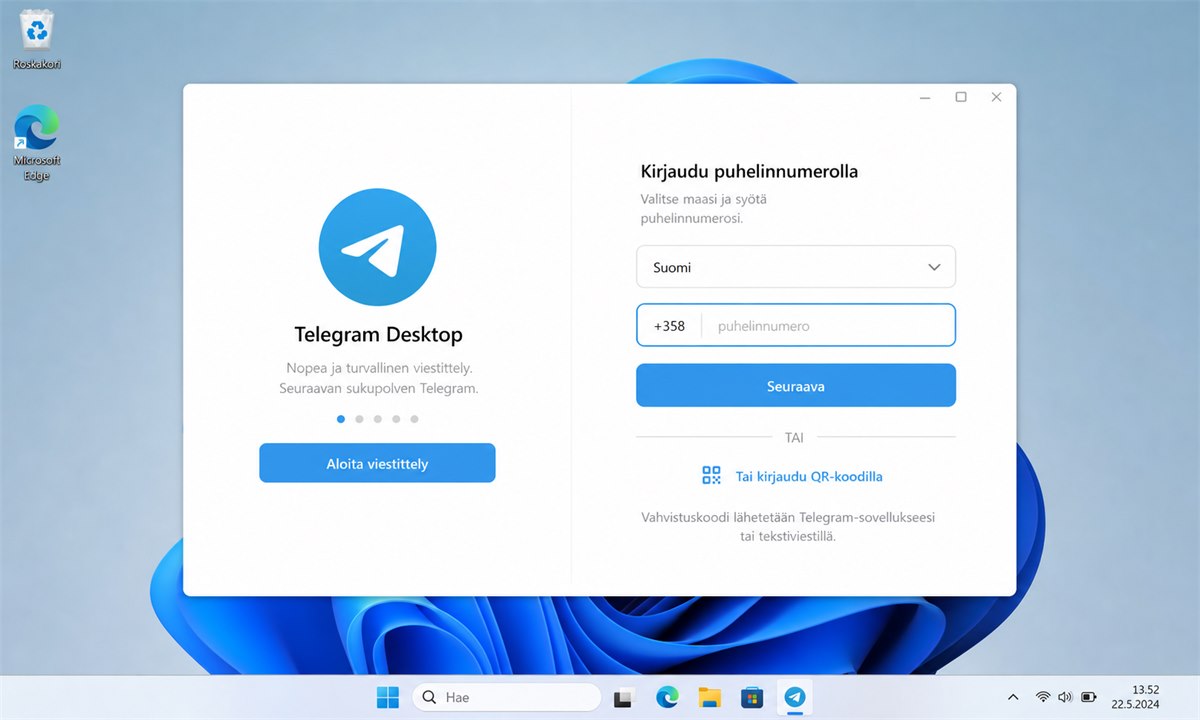 Telegram Desktop -kirjautumisikkuna puhelinnumeron syöttämistä varten