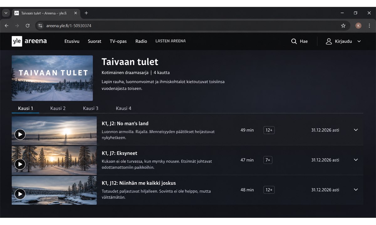 Taivaan tulet jaksoluettelo Yle Areenassa