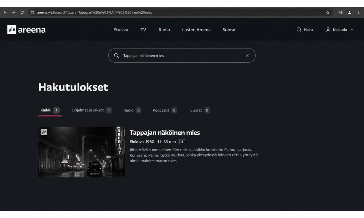 Yle Areena haku Tappajan näköinen mies