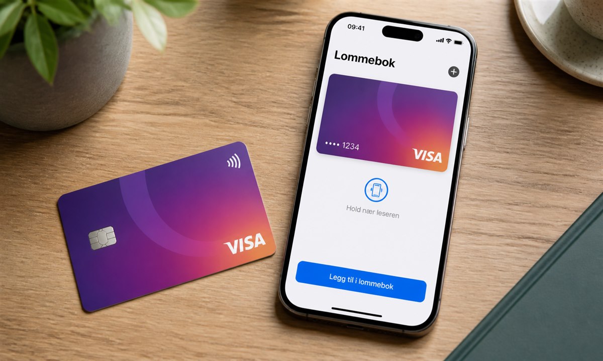 Vipps Visa-kort ved siden av smarttelefon med Apple Pay åpen