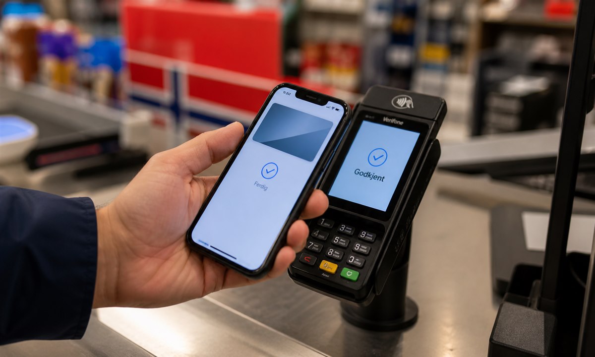 Person holder smarttelefon mot betalingsterminal i Rema 1000-kasse