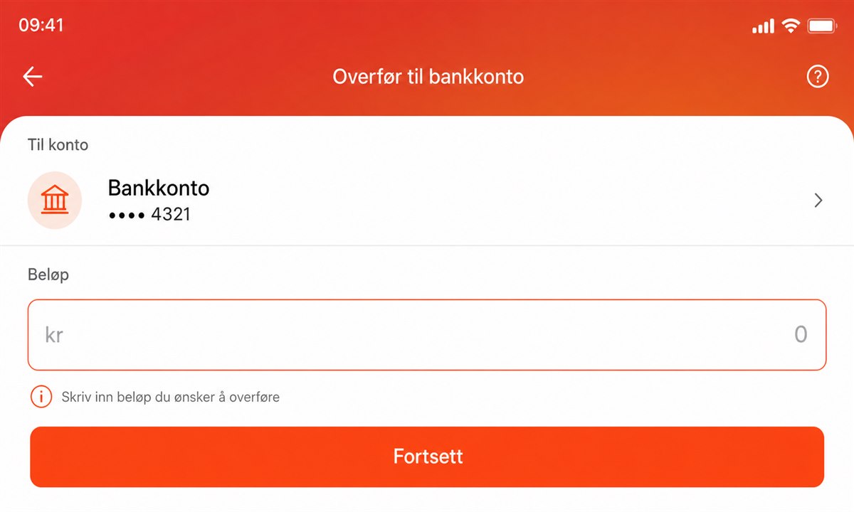 Skjermbilde av Vipps-appen med overføring av penger til bankkonto