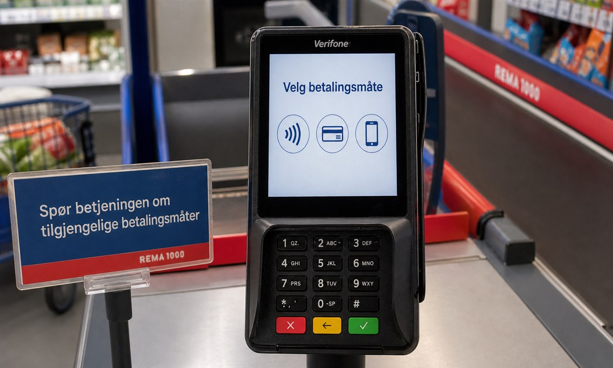 Betalingsterminal i Rema 1000-kasse med ulike betalingslogoer