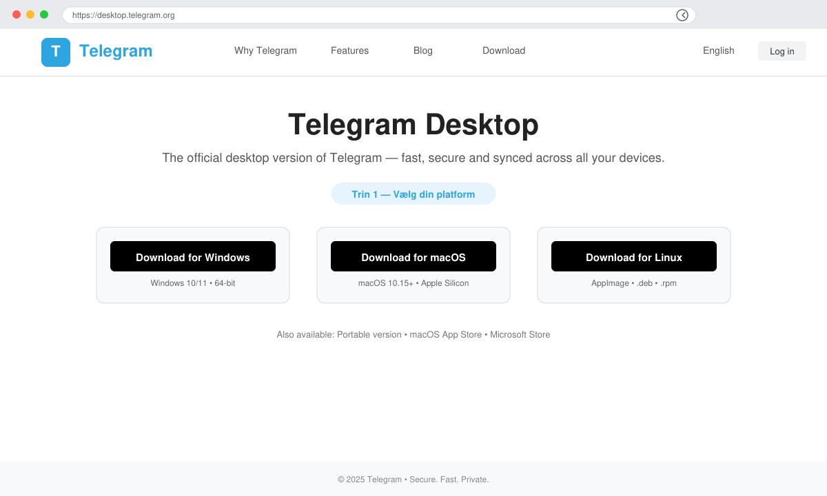Screenshot of the official Telegram Desktop download page with buttons for Windows, macOS and Linux