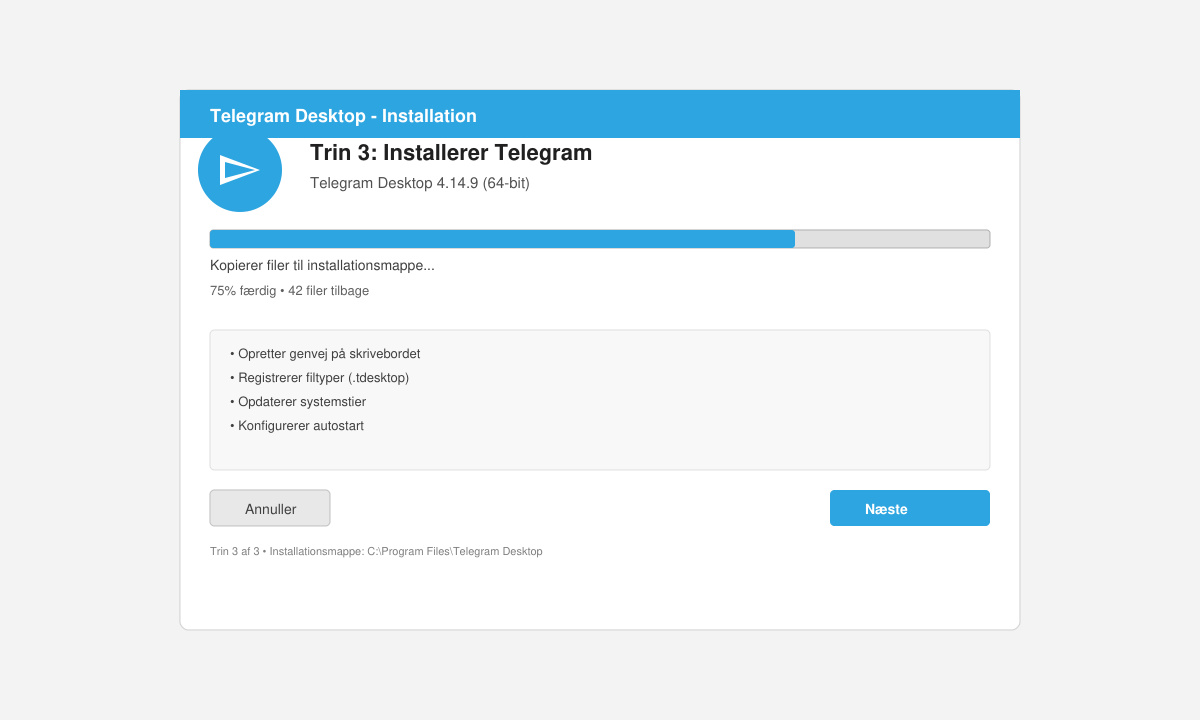Installation screen on Windows with the Telegram icon and progress bar