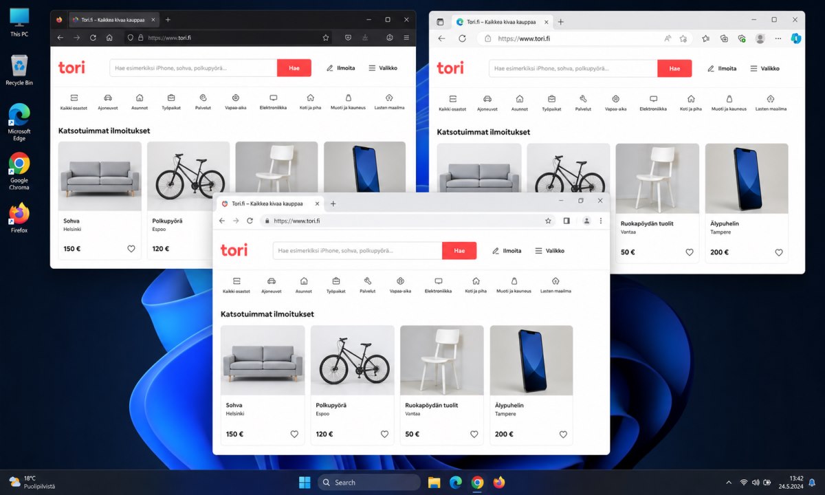 Tori.fi testaaminen eri selaimilla Firefox Edge Chrome