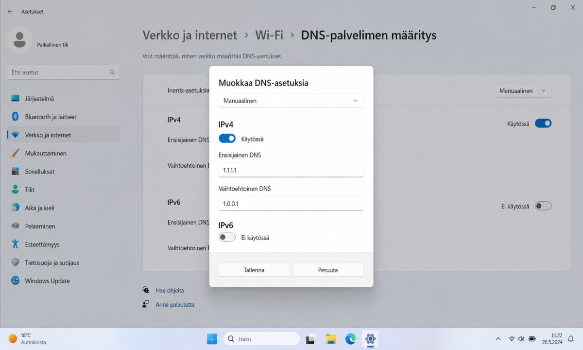 DNS-asetusten muuttaminen Windowsissa Tori.fi yhteyden korjaamiseksi
