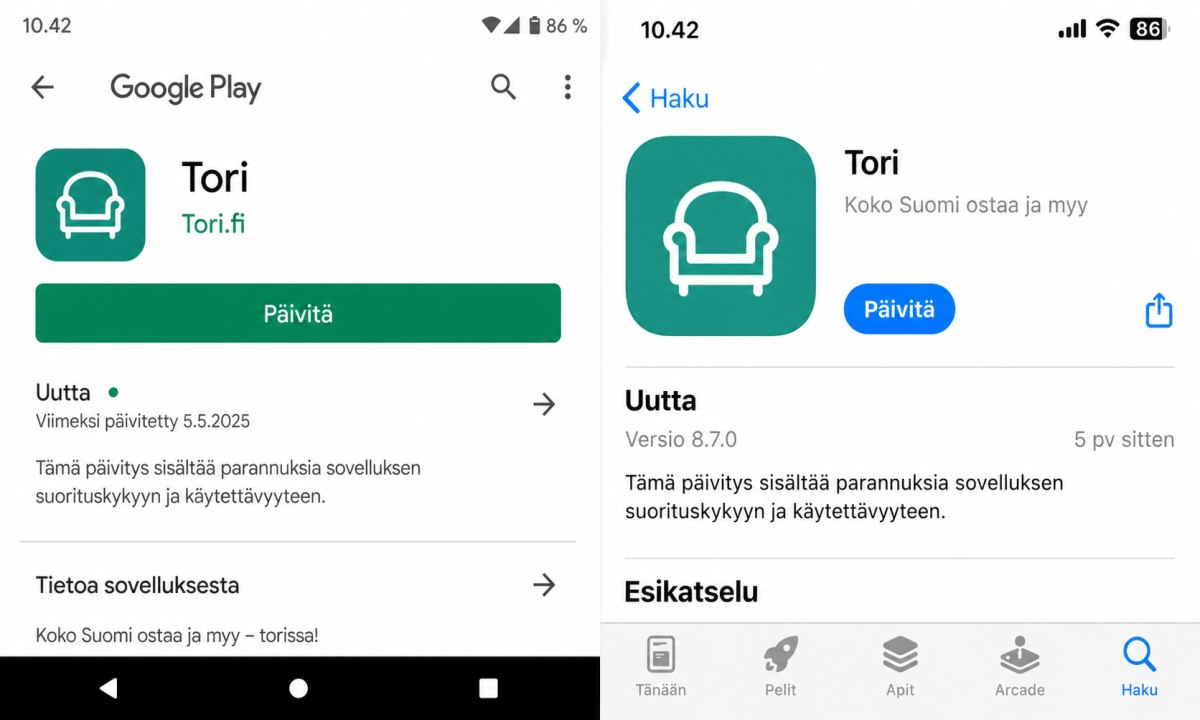 Tori.fi mobiilisovelluksen päivittäminen Google Play Kaupassa tai App Storessa