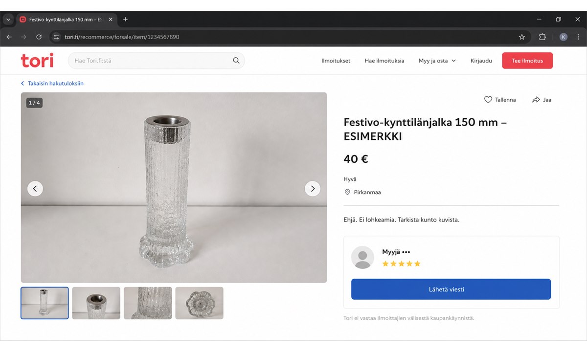 Festivo kynttilänjalka ilmoitus Torilla kunto ja hinta