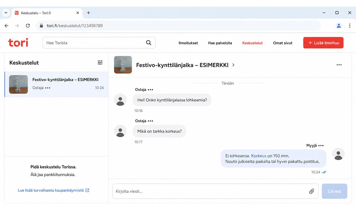 Tori fi viestintä myyjän kanssa ja kaupan sopiminen