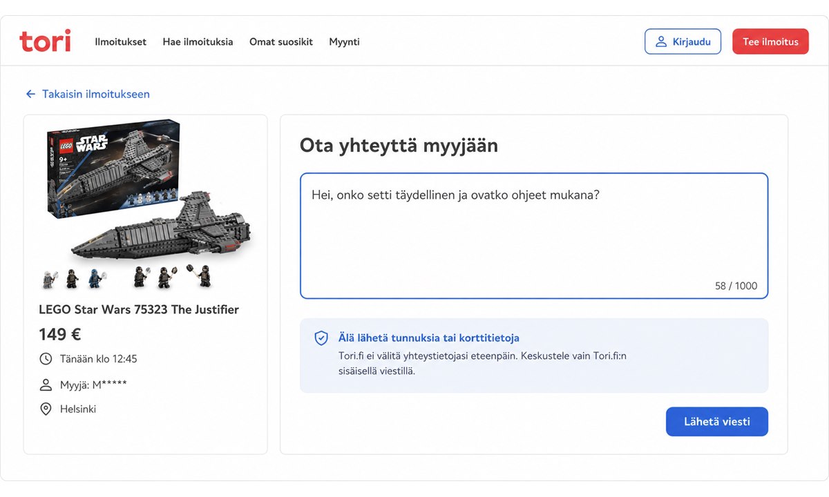 Tori.fi yhteydenotto myyjään ja turvallinen osto