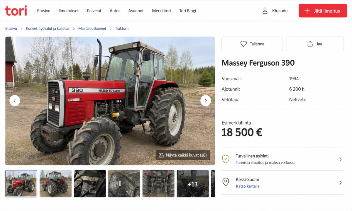 Massey Ferguson traktorin ilmoitussivu yksityiskohdilla