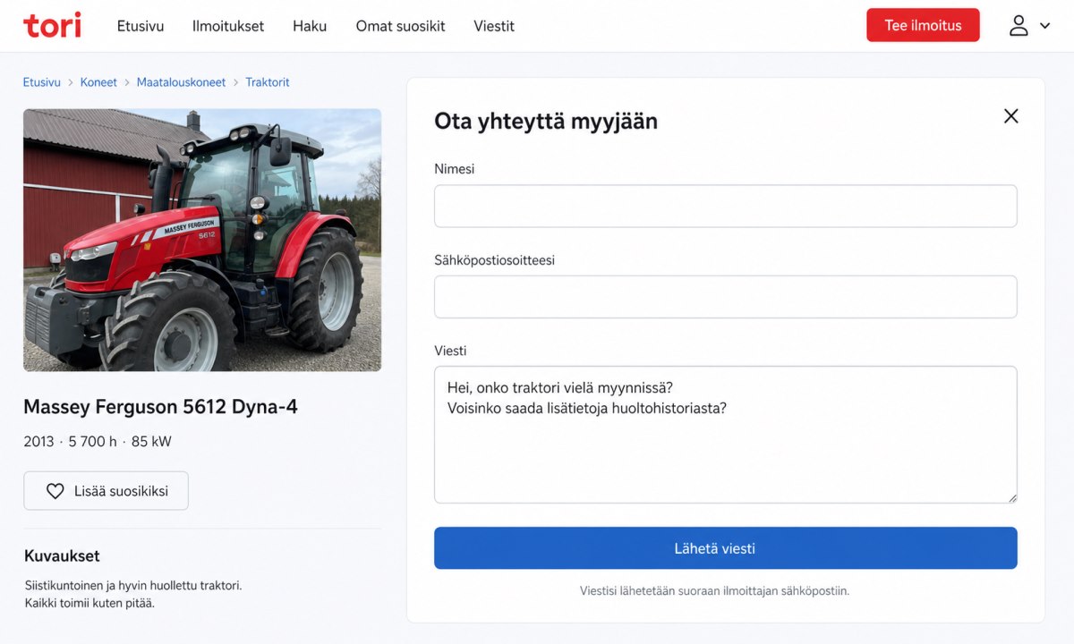 Yhteydenottolomake Tori.fi-ilmoituksessa