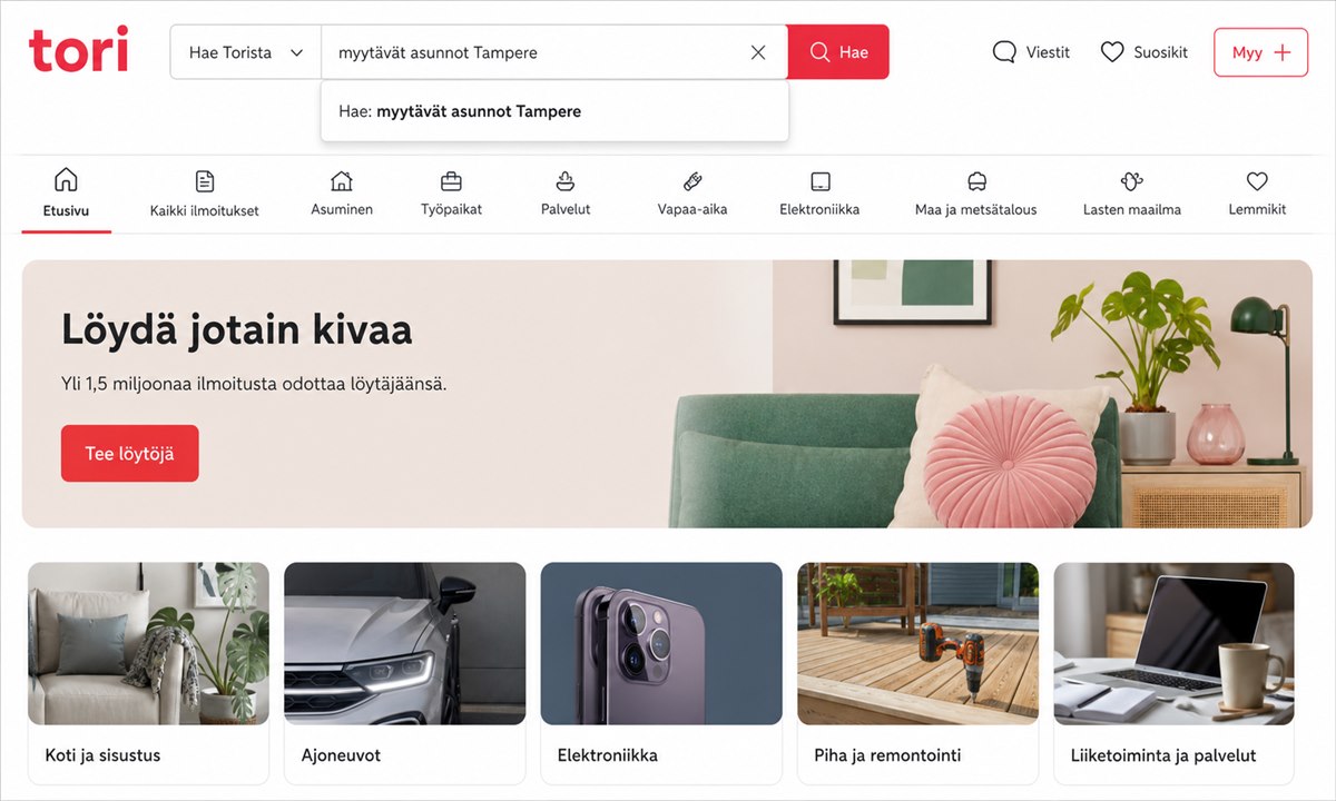 Tori.fi Asunnot-kategorian etusivu