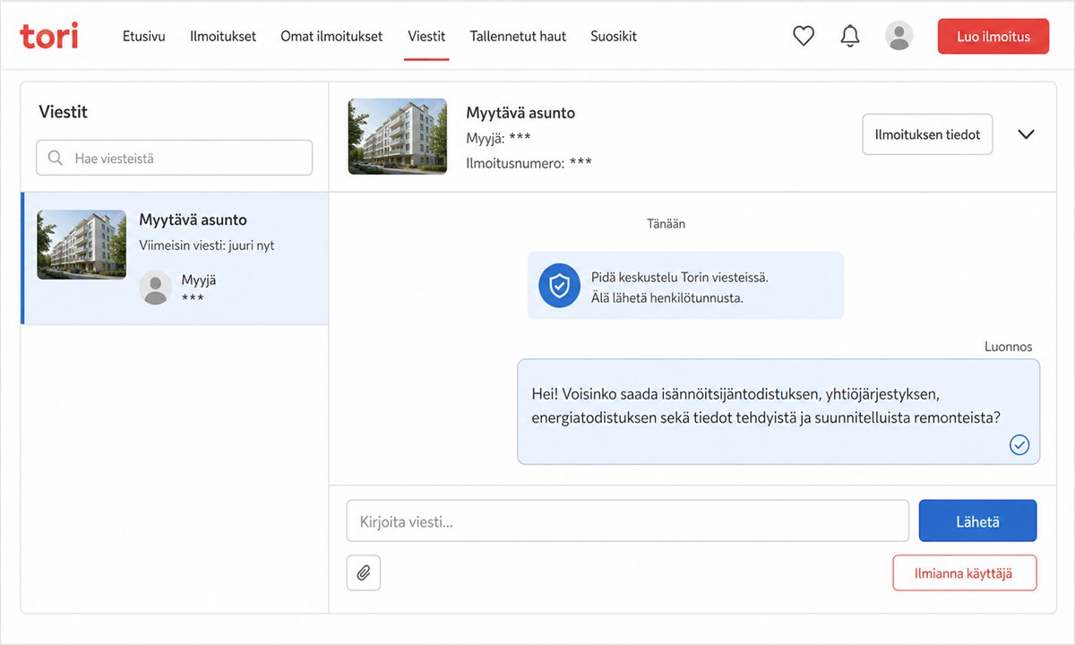 Yhteydenotto asunnon myyjälle Tori.fi:ssä