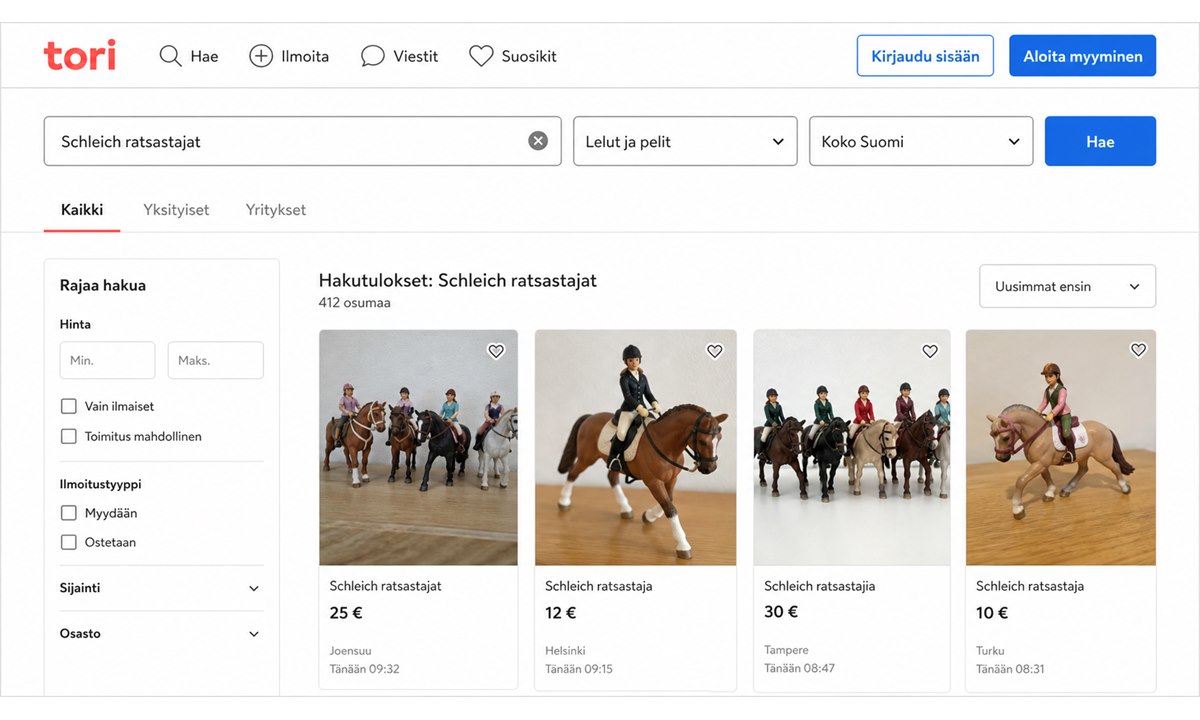 Tori.fi hakukenttä ja Schleich-haku