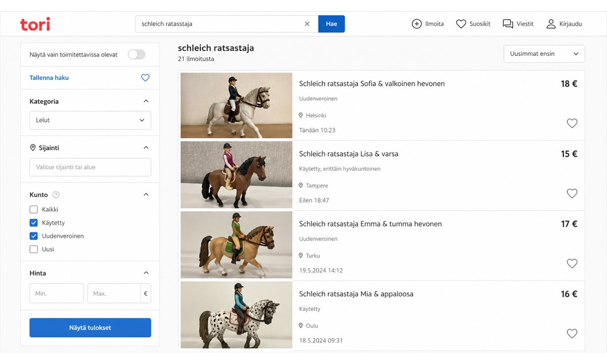 Tori.fi hakutulosten suodattimet sijaintirajaus