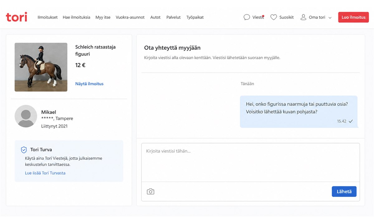 Yhteydenotto myyjään Tori.fi-viestipalvelussa
