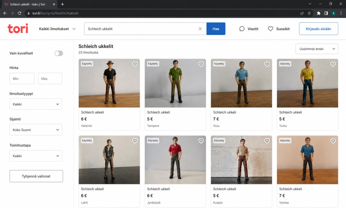 Tori.fi haku Schleich ukkelit hakusanalla