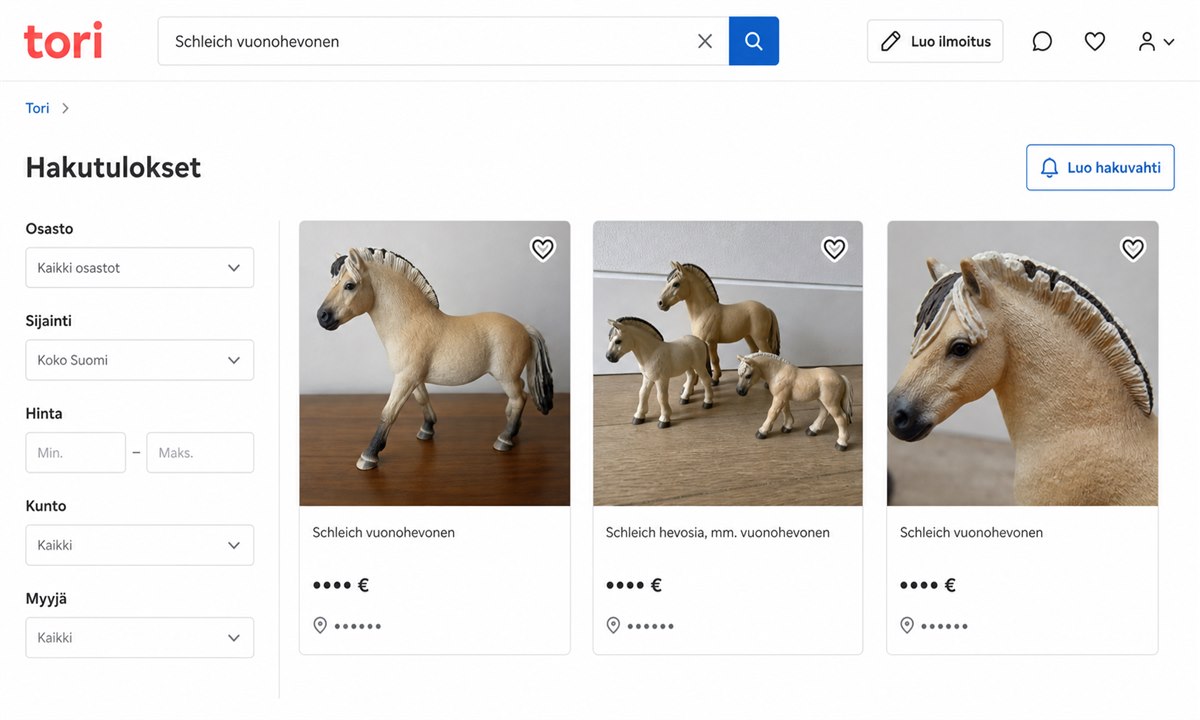 Tori.fi-haku Schleich vuonohevonen -hakusanalla
