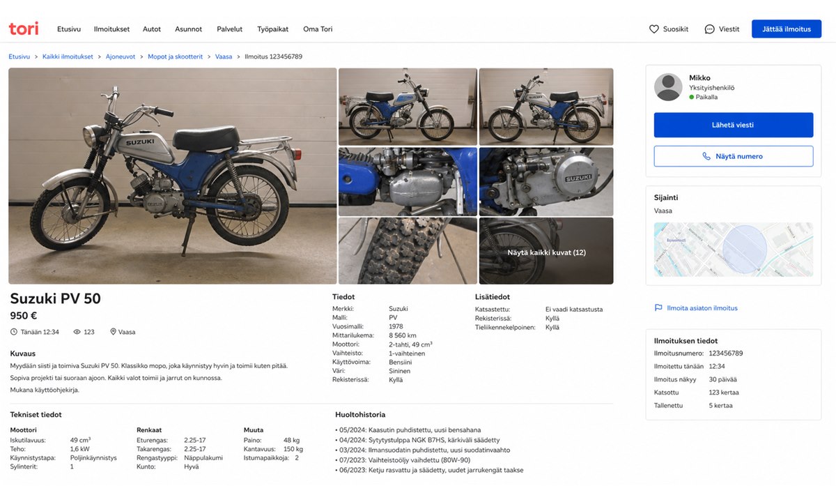 Suzuki PV ilmoitus Tori.fi yksityiskohdat