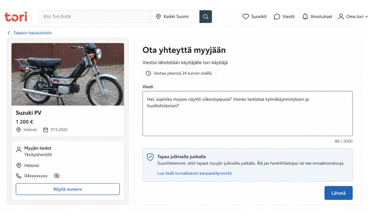 Tori.fi viestikenttä myyjälle