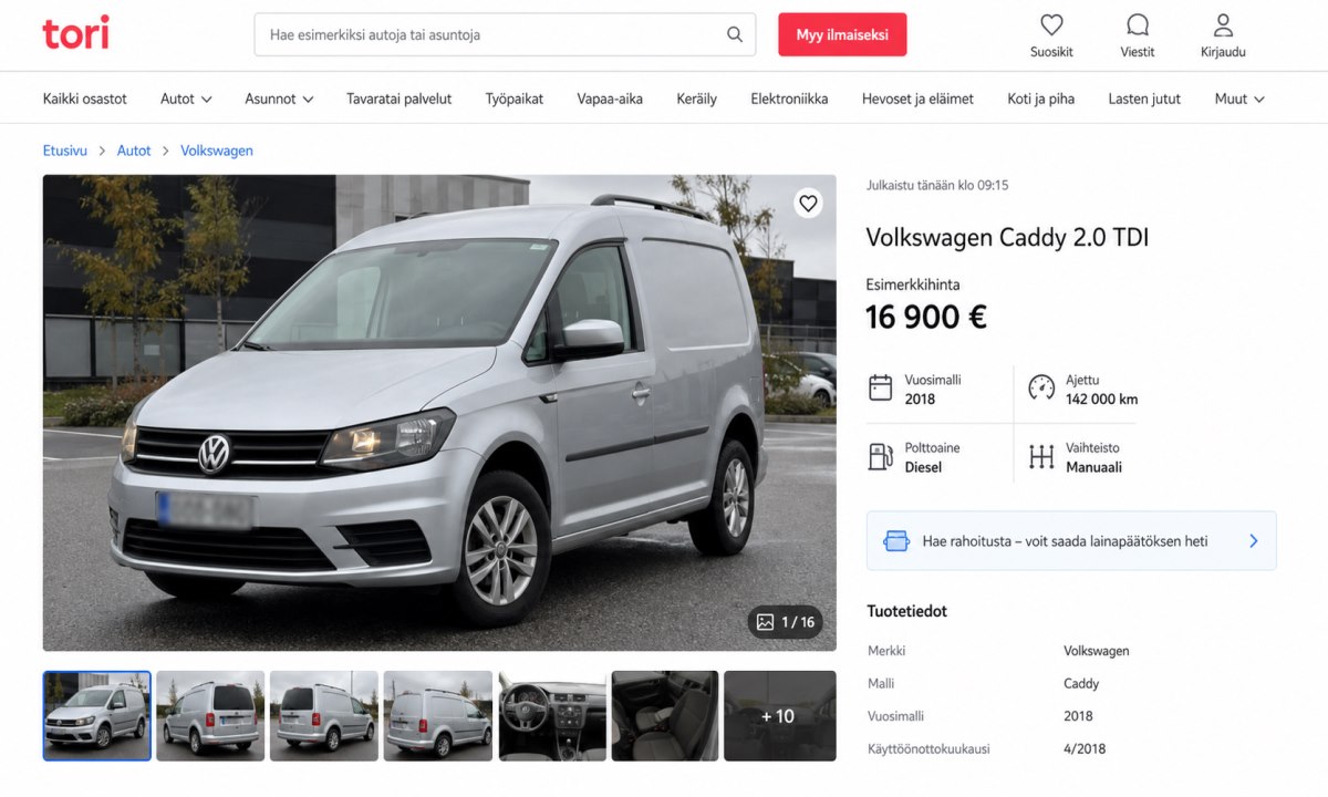 VW Caddy ilmoituksen yksityiskohdat ja valokuvat Tori.fi