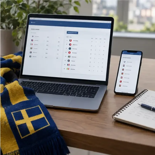 Bärbar dator och mobil med generell matchkalender intill en svensk fotbollshalsduk
