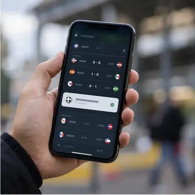 Hand som håller en mobil med en generell livescorevy för fotboll