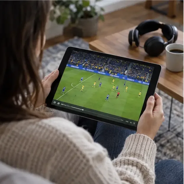 Person som ser en fotbollsmatch på en surfplatta med hörlurar bredvid