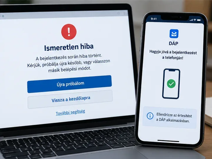 Szemléltető általános belépési hiba a laptopon és DÁP jóváhagyási lehetőség egy okostelefonon