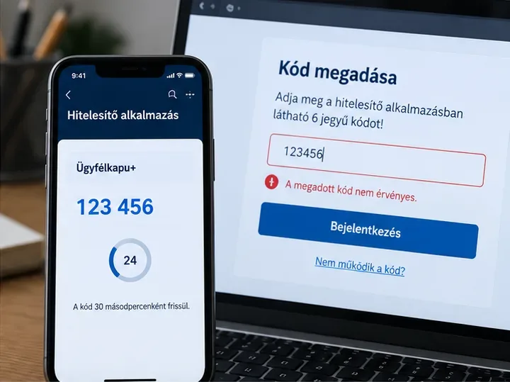 Szemléltető kép hitelesítő alkalmazásban megjelenő Ügyfélkapu+ kódról és egy elutasított kódot jelző belépési oldalról