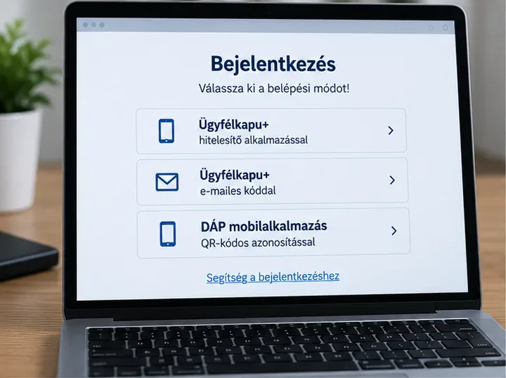Szemléltető belépési választóképernyő Ügyfélkapu+ hitelesítő alkalmazással, Ügyfélkapu+ e-mailes kóddal és DÁP mobilalkalmazás opciókkal