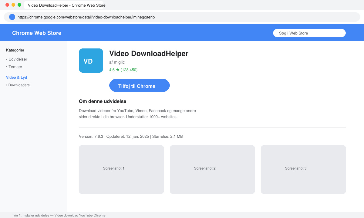 Chrome Web Store page with Video DownloadHelper extension install button visible