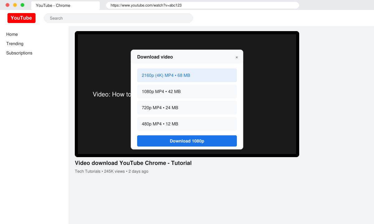 Download options menu open on a YouTube page in Chrome showing quality choices