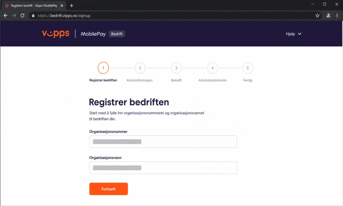 Vipps Bedrift-registreringsskjerm med felt for organisasjonsnummer og navn