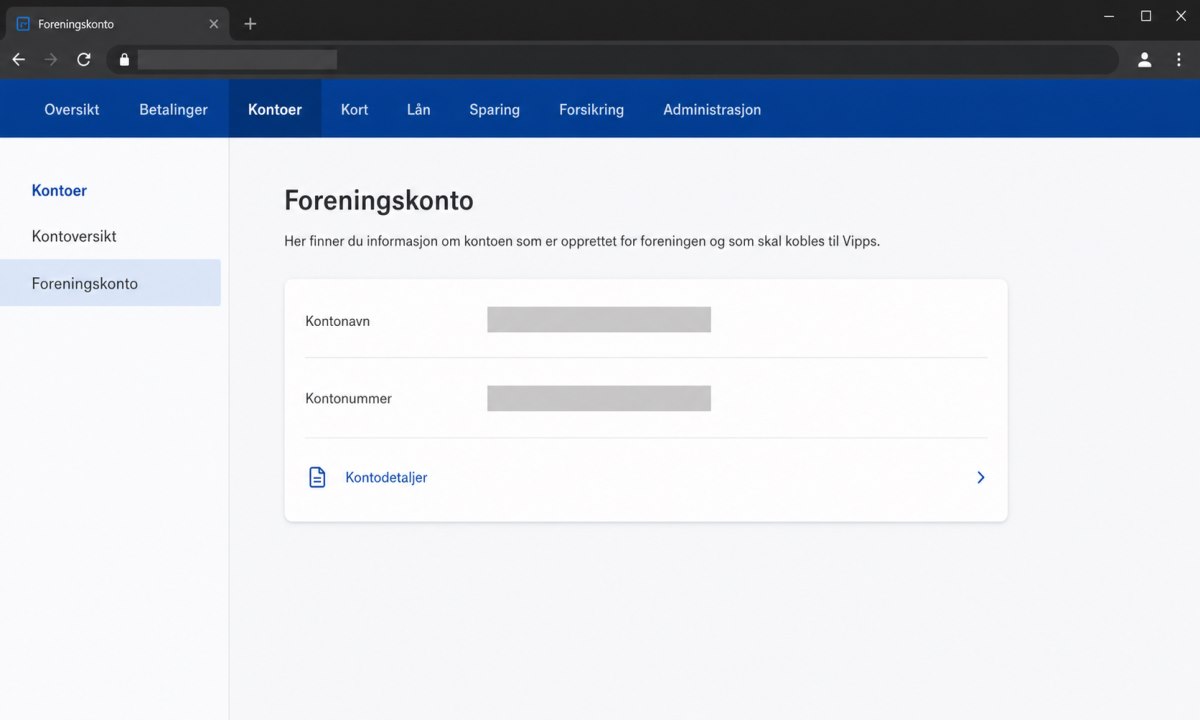 Foreningens nettbank med bankkonto-informasjon klar for Vipps-tilkobling
