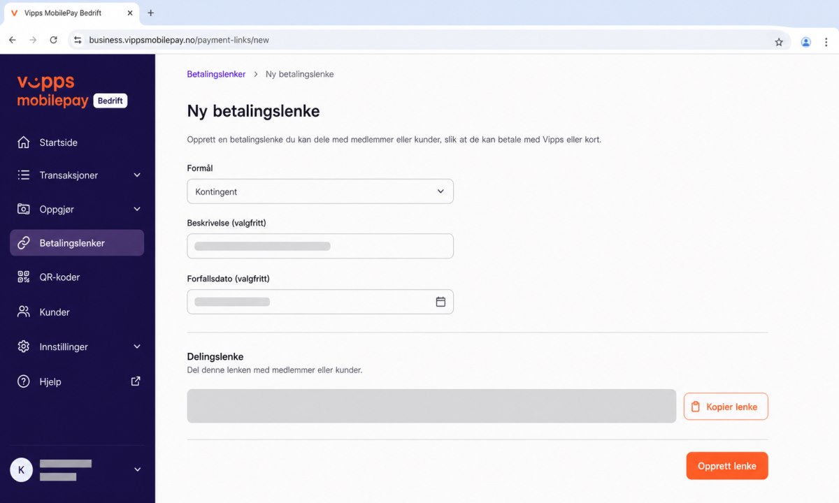 Vipps portal med betalingslenke for kontingent klar til deling