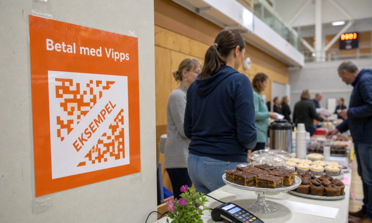 Vipps QR-kode-plakat hengt på vegg ved dugnadssalg i idrettshall
