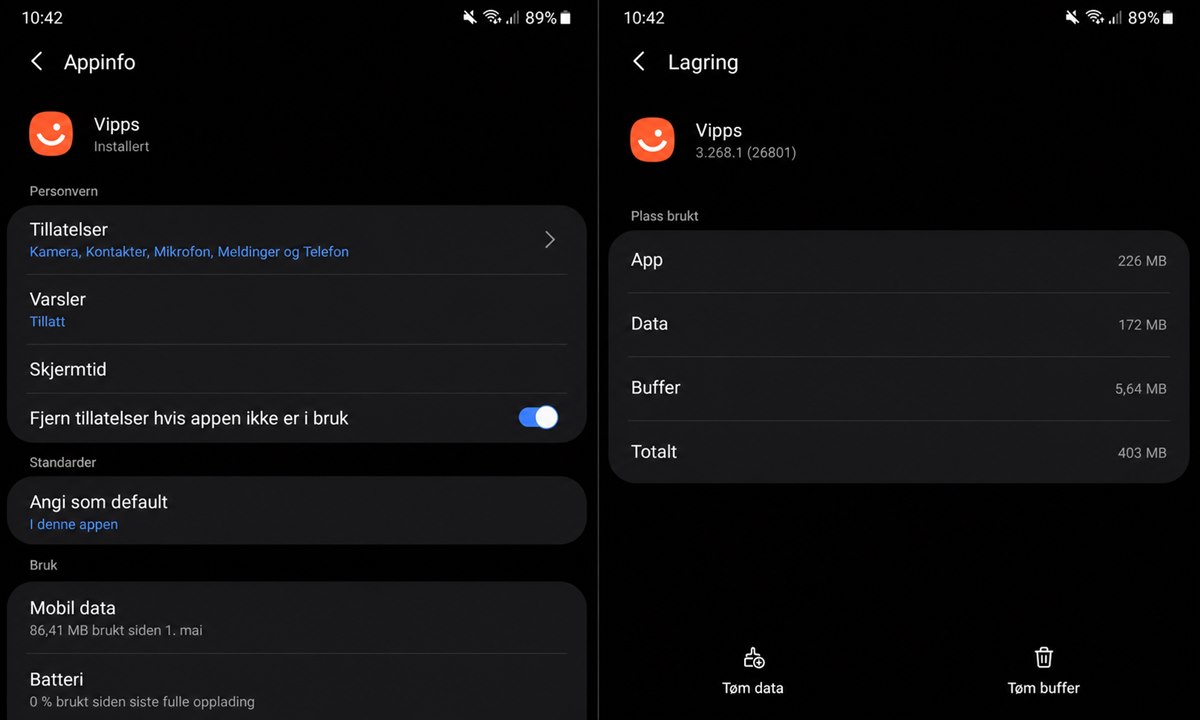 Android app-innstillinger for Vipps med tillatelser