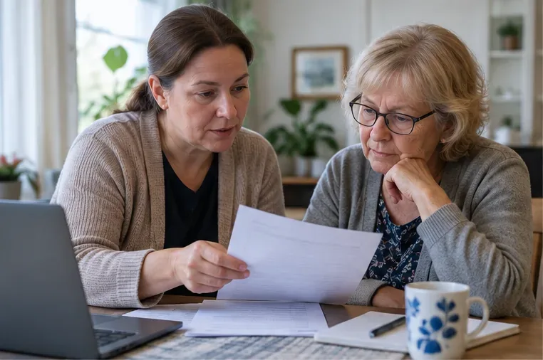 Kaksi aikuista käy yhdessä läpi asiakirjoja kannettavan tietokoneen ääressä kotona.