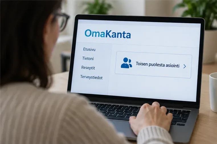 Aikuinen käyttää kannettavaa tietokonetta, jonka OmaKanta-näkymässä näkyy toisen puolesta asioinnin valinta.