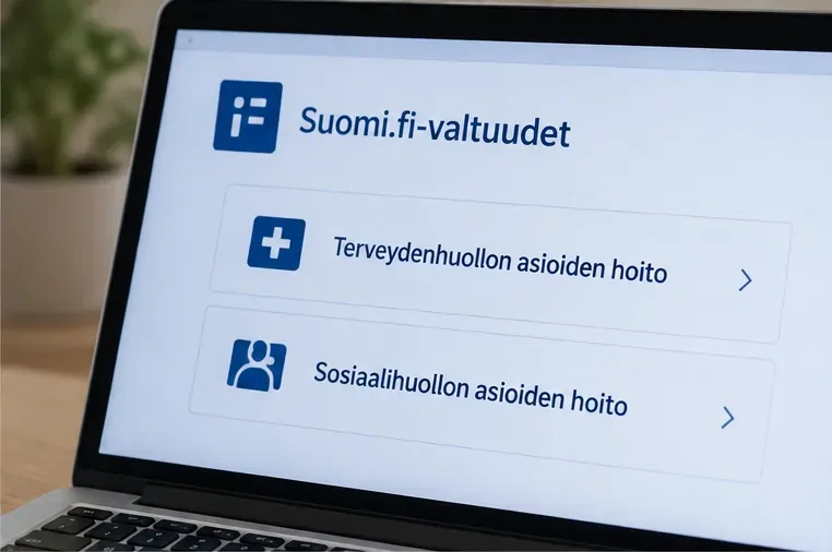 Kannettavan tietokoneen näytöllä näkyvät Suomi.fi-valtuudet sekä vaihtoehdot Terveydenhuollon asioiden hoito ja Sosiaalihuollon asioiden hoito.