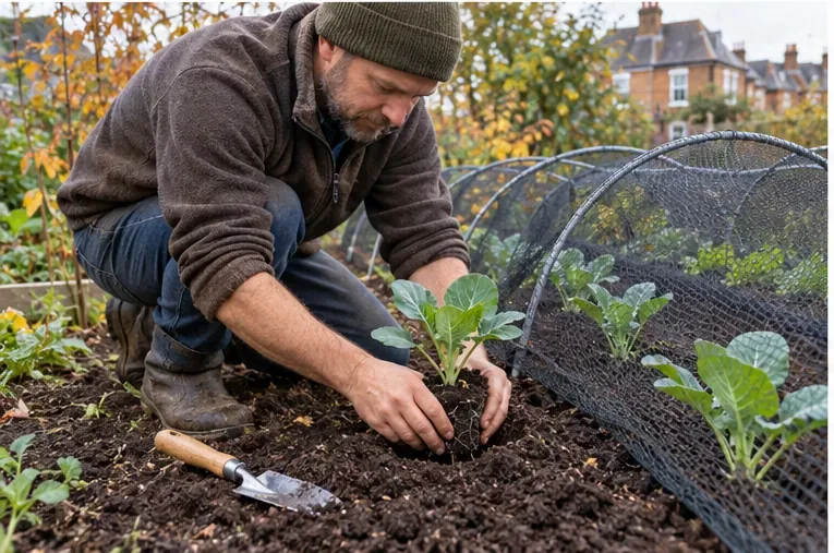 A gardener plants a young spring cabbage seedling in a bed protected by securely supported mesh netting.