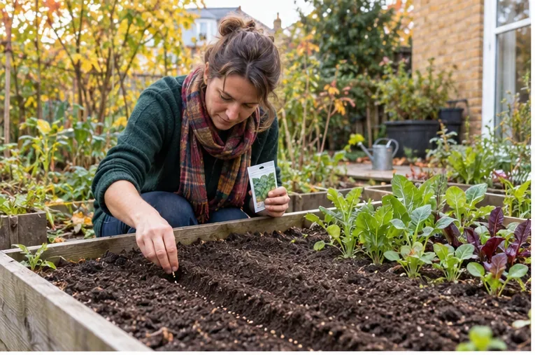 A gardener direct-sows seeds into a prepared raised bed in a leafy London garden during fall.