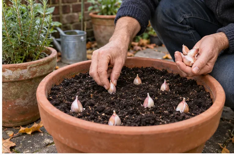 Hands place individual garlic cloves into compost in a large outdoor container on an fall patio.