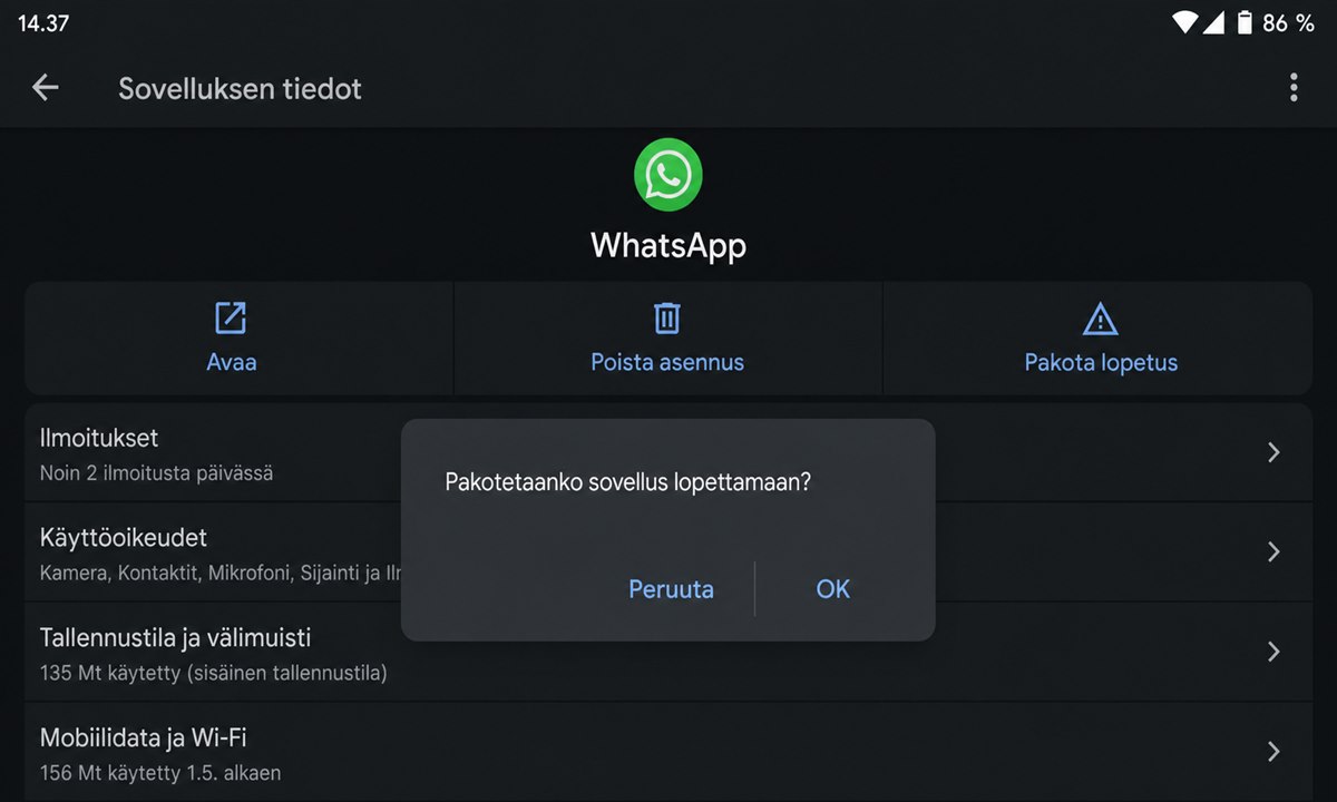 WhatsAppin pakottaminen sulkeutumaan Androidilla